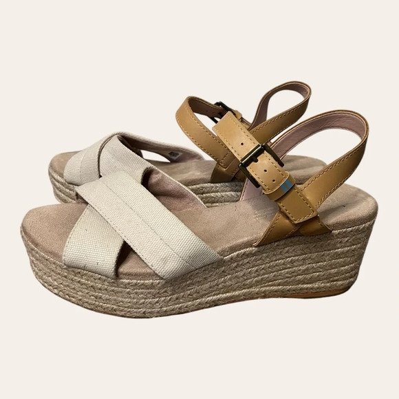 TOMS Willow Cream Canvas Espadrille Wedges Strappy Sandals 8 - Picture 3 of 9